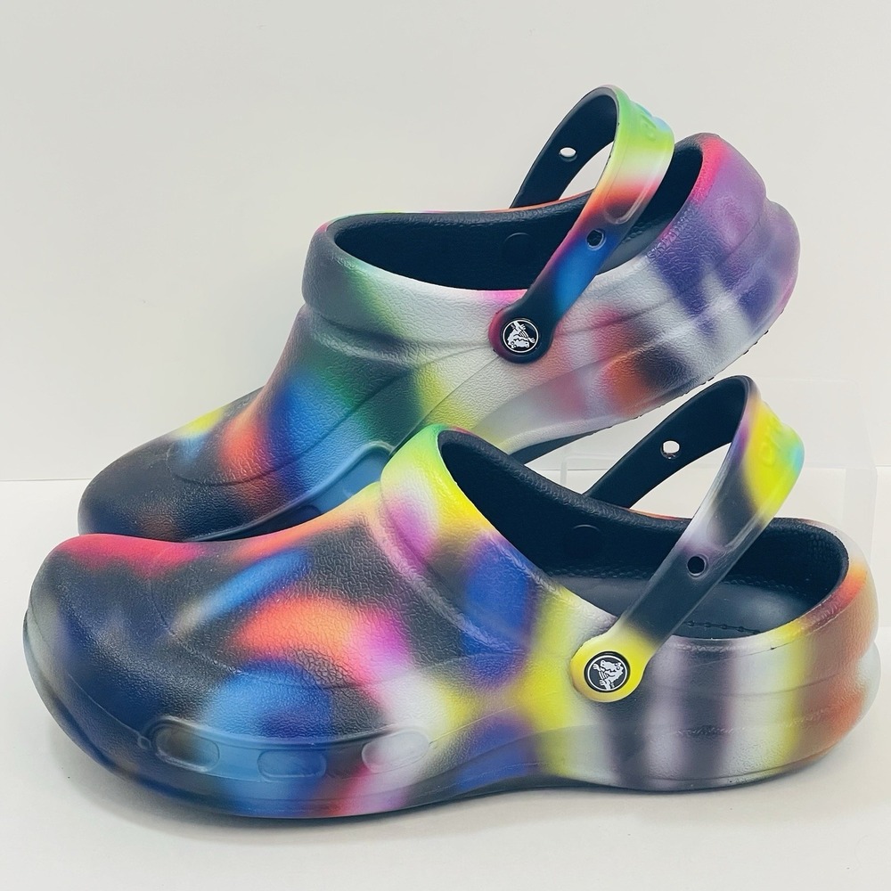 Crocs Clogs Men 12 Tie Dye Bistro Multi Color Graphic Slip Resistant Work EUC